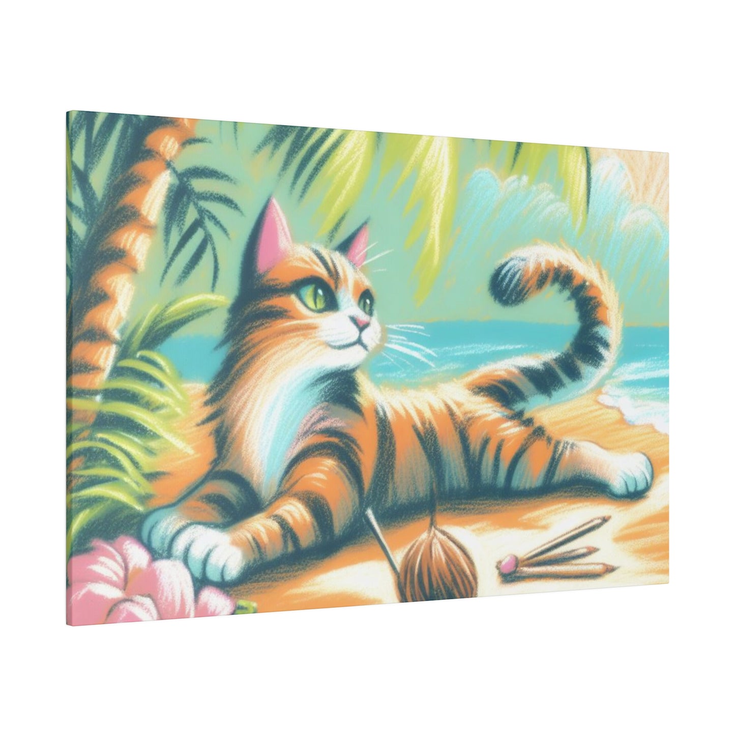 Tropical Kitty Beach Matte Canvas: Sunny Day Serenity Art