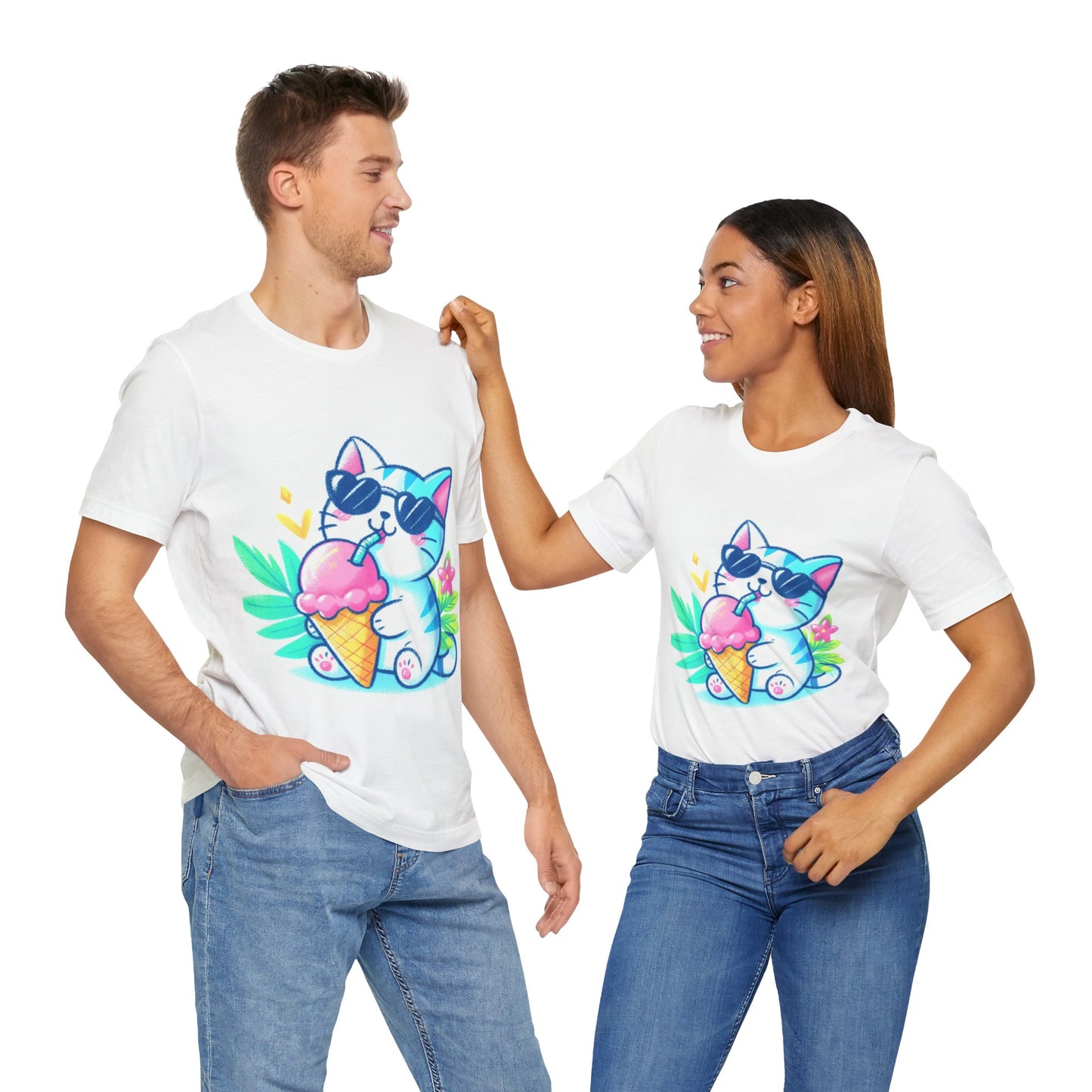 Pastel Tropical Kitty Ice Cream T-Shirt: Unique Hand-Drawn Design