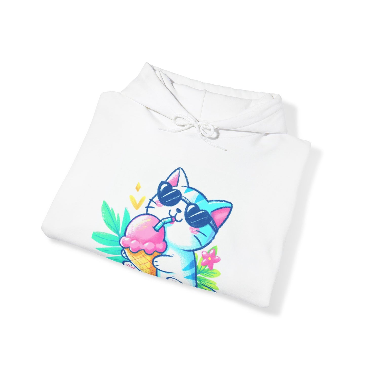 Tropical Kitty Ice Cream Hoodie: Hand-Drawn Pastel Delight for Cat Lovers