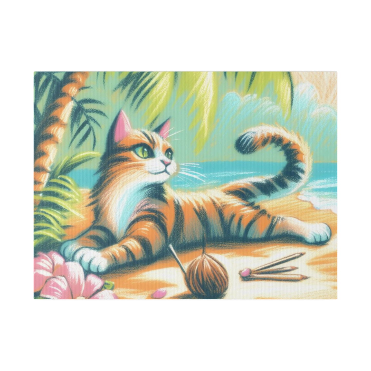 Tropical Kitty Beach Matte Canvas: Sunny Day Serenity Art