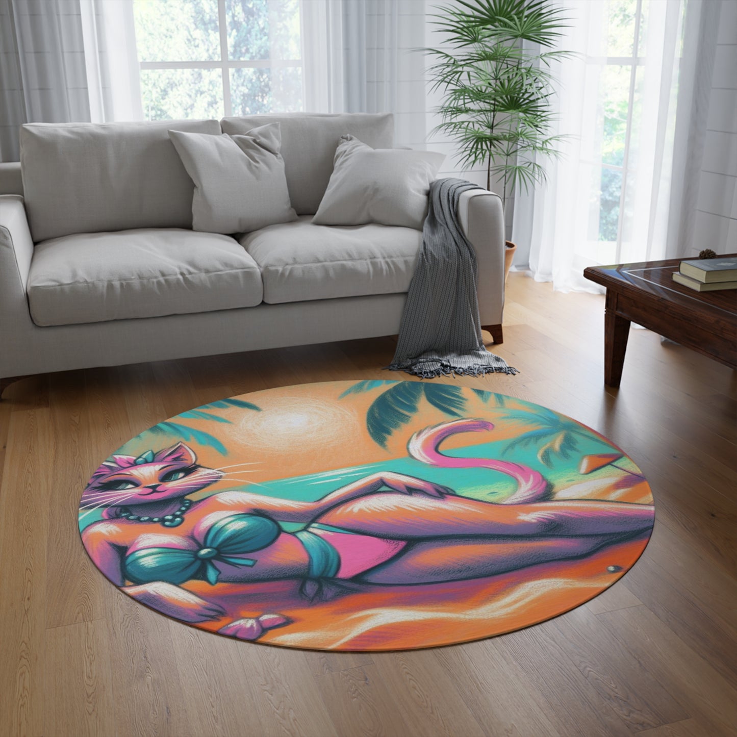 Aurora in Paradise: Tropical Kitty Sunset Round Rug