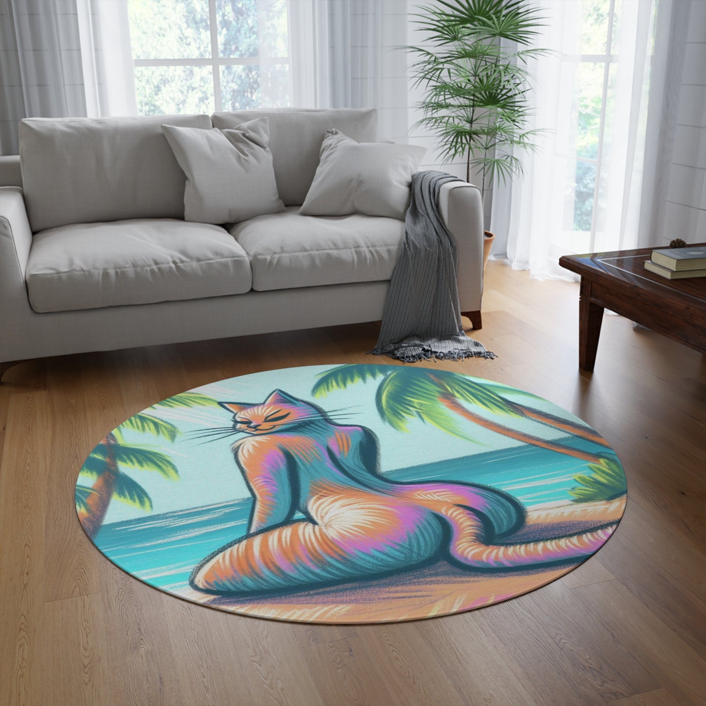 Slim Thick Tropical Kitty Paradise Beach Carpet Rug: Vibrant Home Decor Round Rug