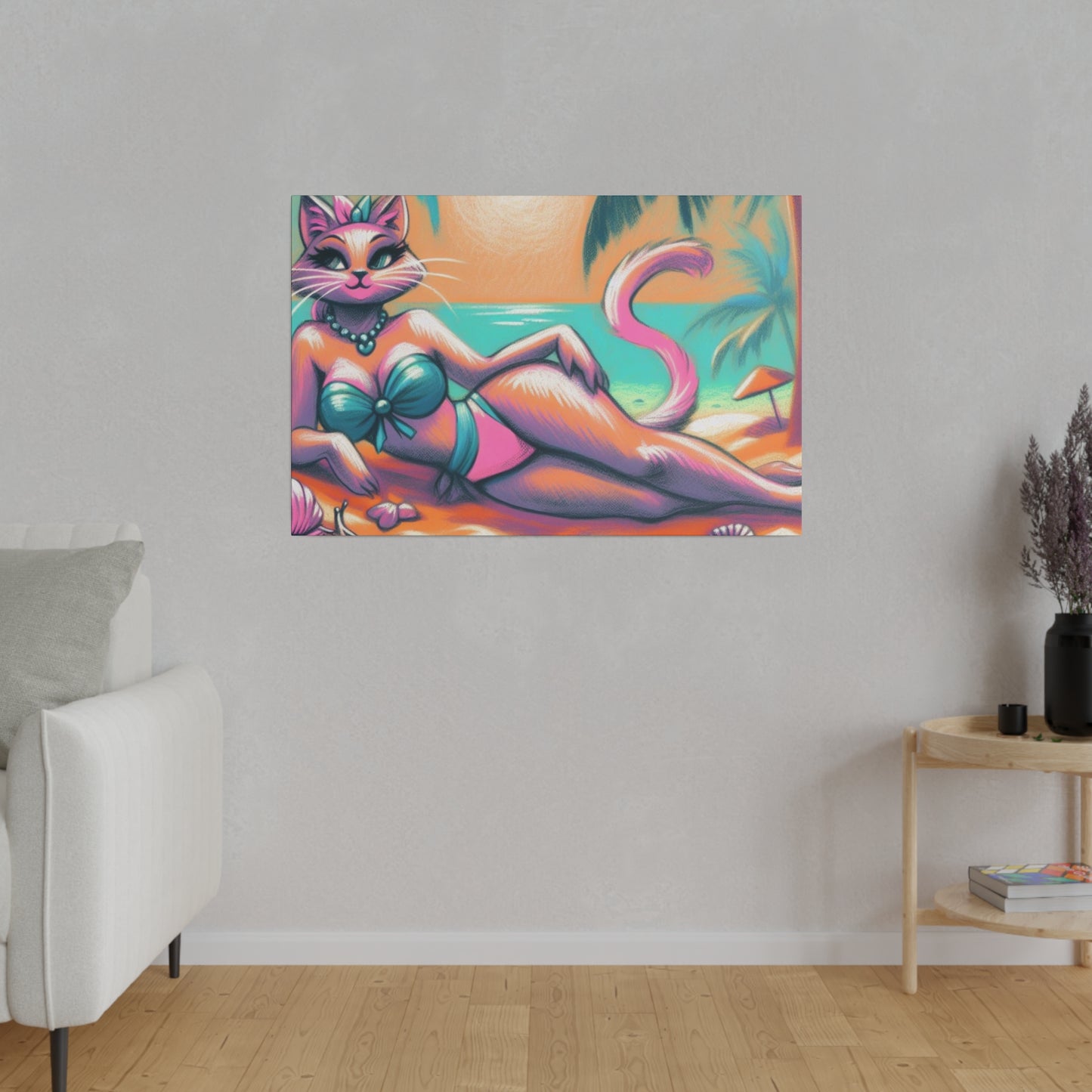 Aurora in Paradise: Slim Thick Tropical Kitty Beach Sunset Matte Canvas