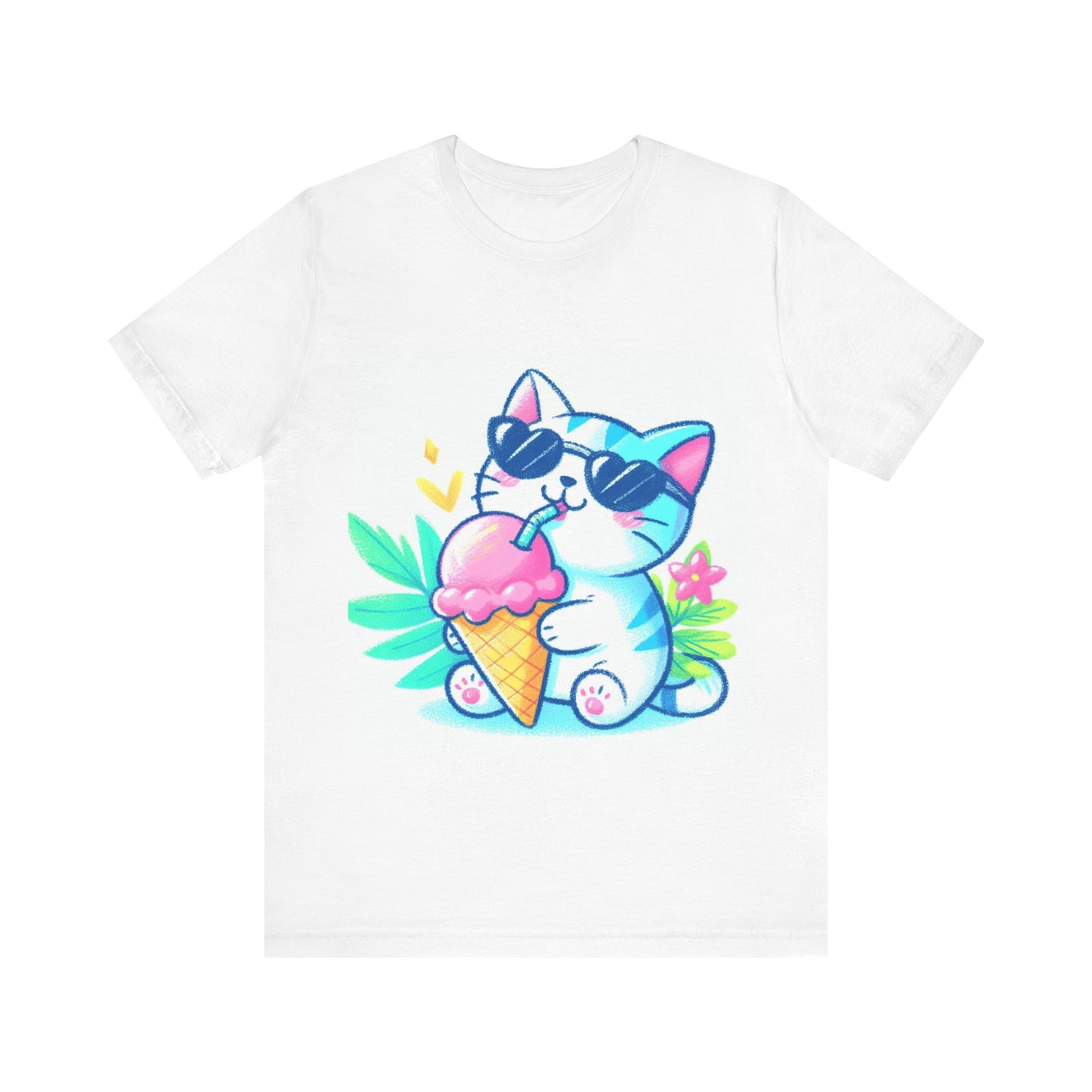 Pastel Tropical Kitty Ice Cream T-Shirt: Unique Hand-Drawn Design