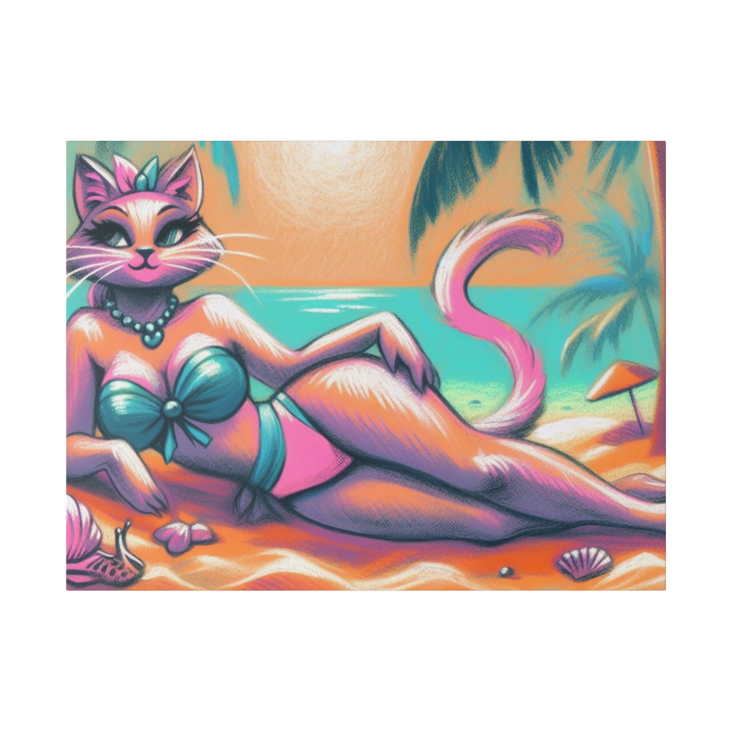 Aurora in Paradise: Slim Thick Tropical Kitty Beach Sunset Matte Canvas