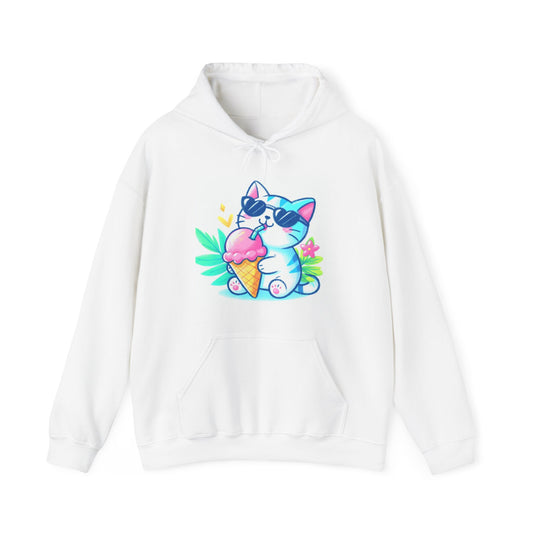 Tropical Kitty Ice Cream Hoodie: Hand-Drawn Pastel Delight for Cat Lovers