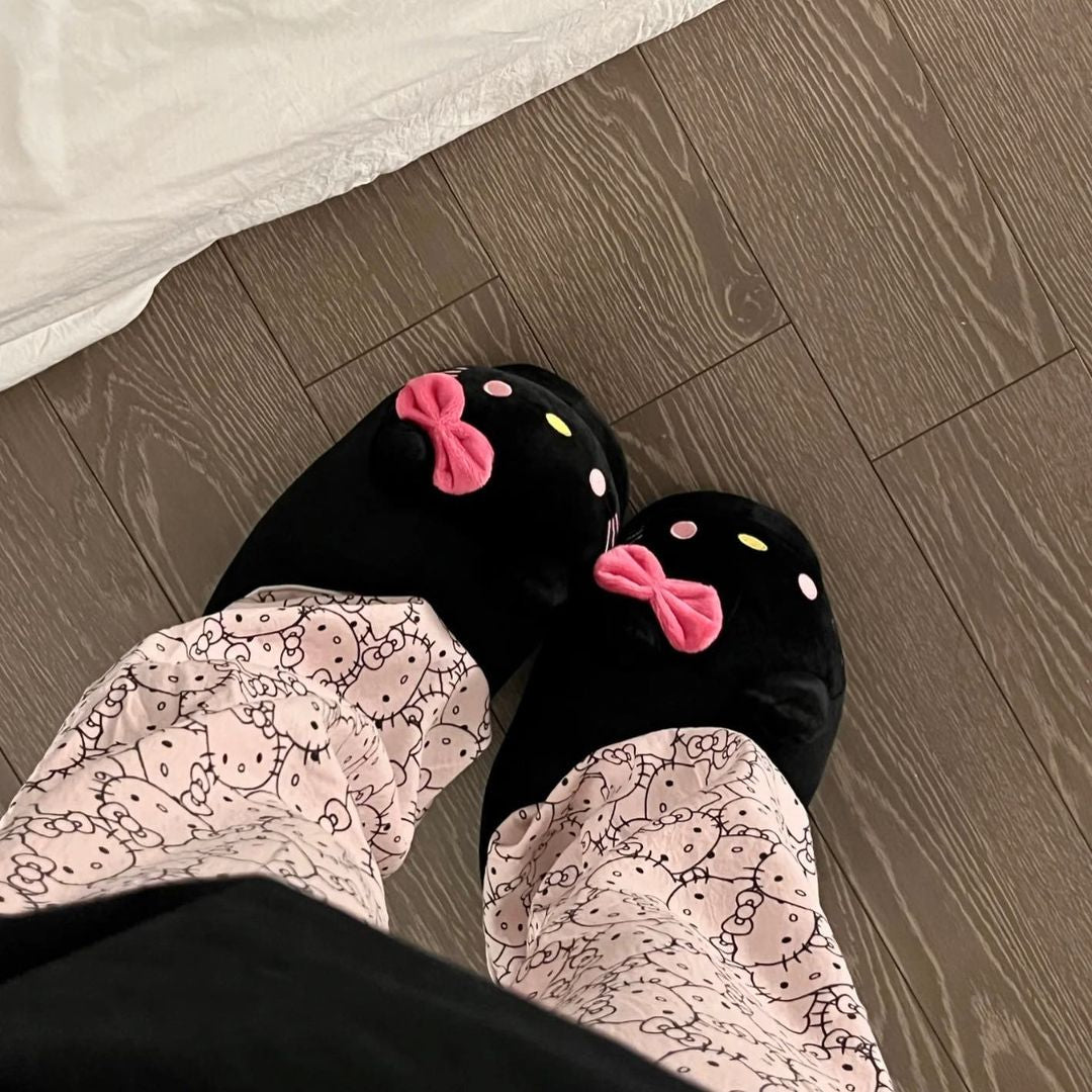 Black Plush Kitty Slippers