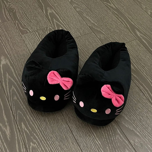 Black Plush Kitty Slippers