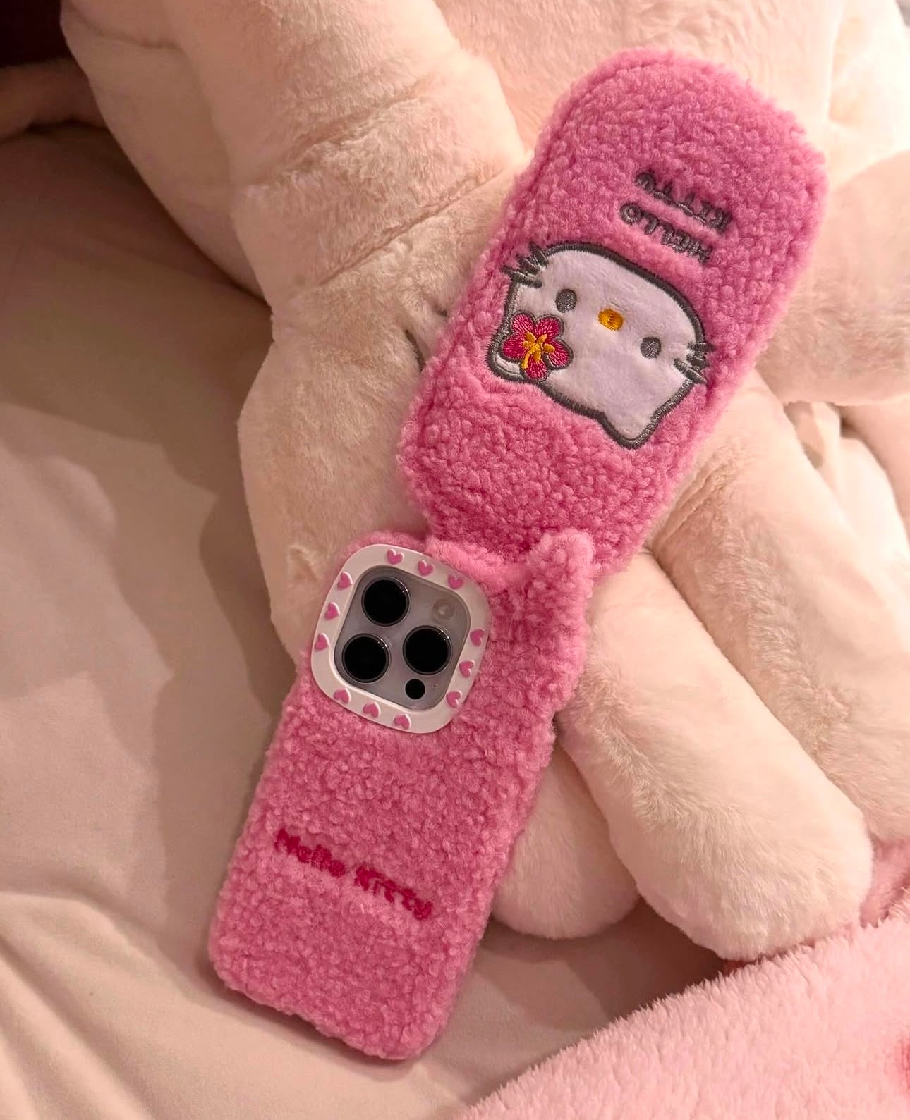 Hello Kitty Pink Plush Fuzzy Mirror Phone Case