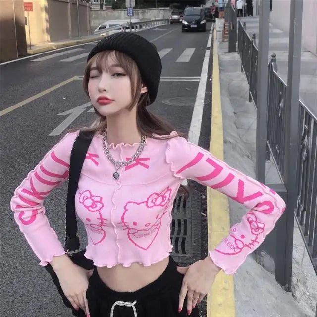 Hello Kitty Cute Knitted Sweater T Shirt Kawaii Y2K Fashion