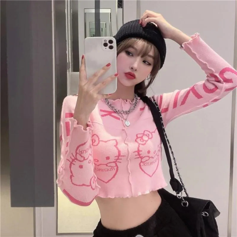 Hello Kitty Cute Knitted Sweater T Shirt Kawaii Y2K Fashion