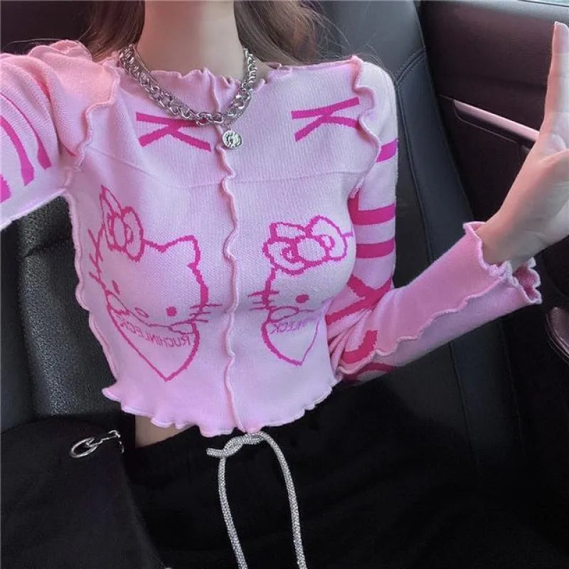 Hello Kitty Cute Knitted Sweater T Shirt Kawaii Y2K Fashion