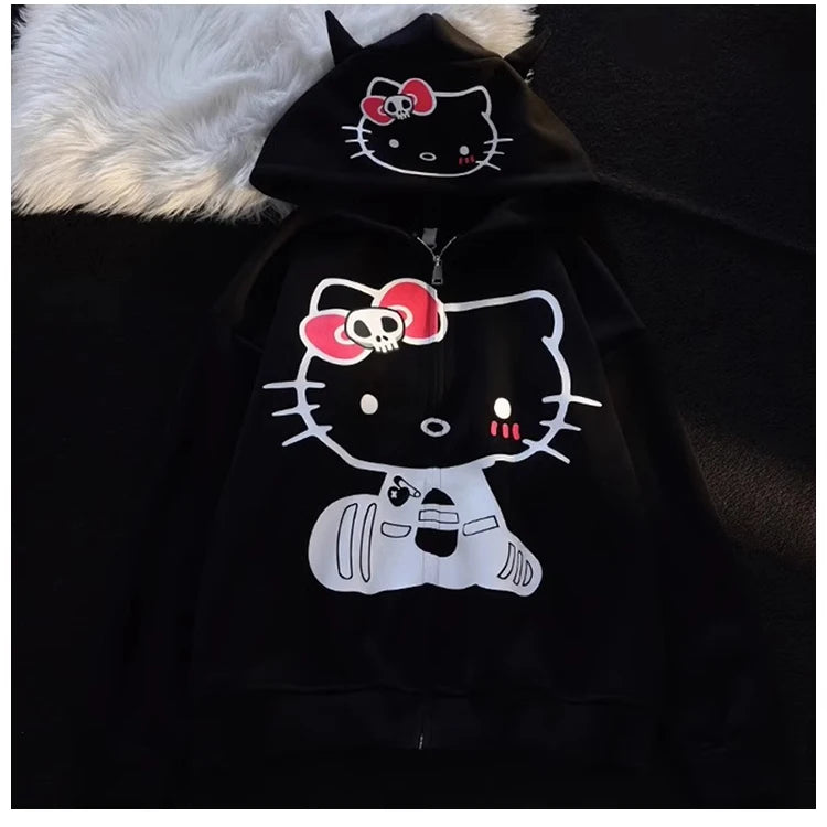 Hello Kitty Kawaii Sanrio Sweet Cool Devil Horns Skull Bow Jacket Hoodie