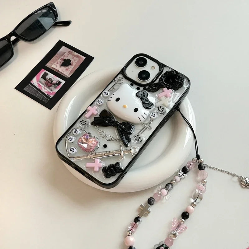 Hello Kitty Kawaii Cute 3D Y2K Transparent Phone Case With Lanyard