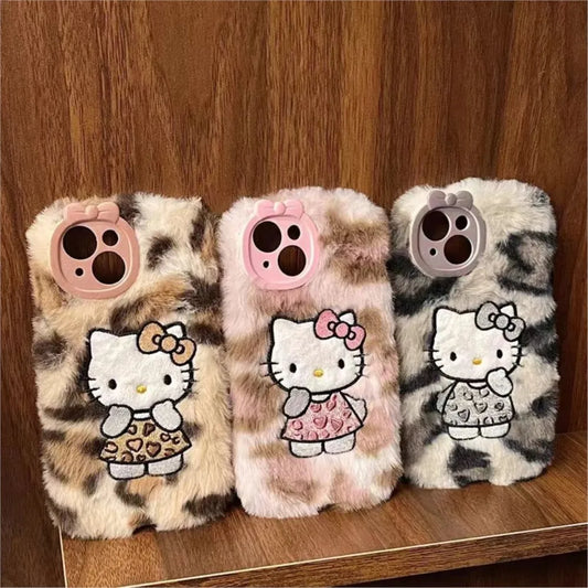 Hello Kitty Leopard Animal Print Fluffy Embroidered Plush Phone Case