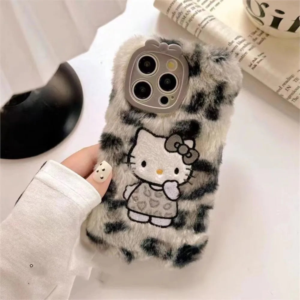 Hello Kitty Leopard Animal Print Fluffy Embroidered Plush Phone Case