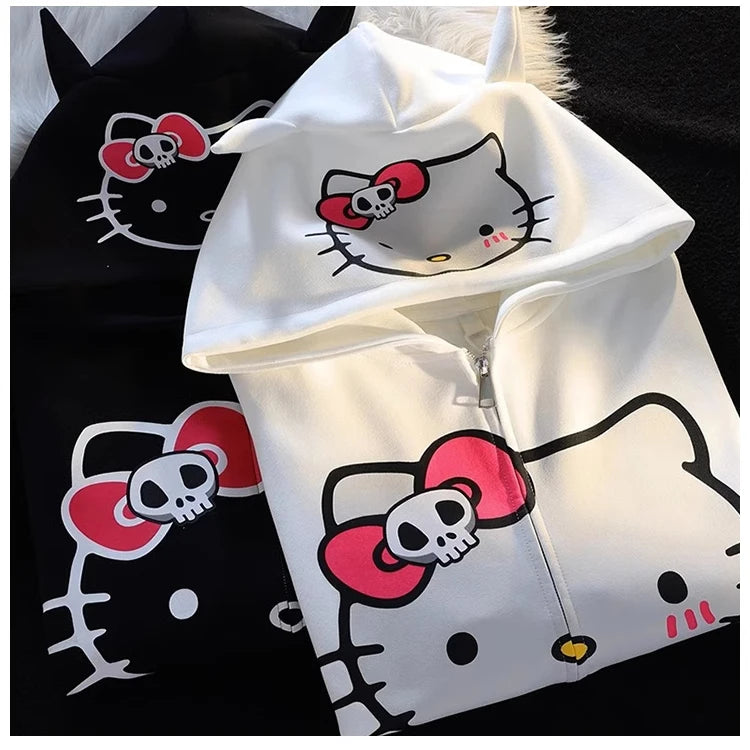 Hello Kitty Kawaii Sanrio Sweet Cool Devil Horns Skull Bow Jacket Hoodie