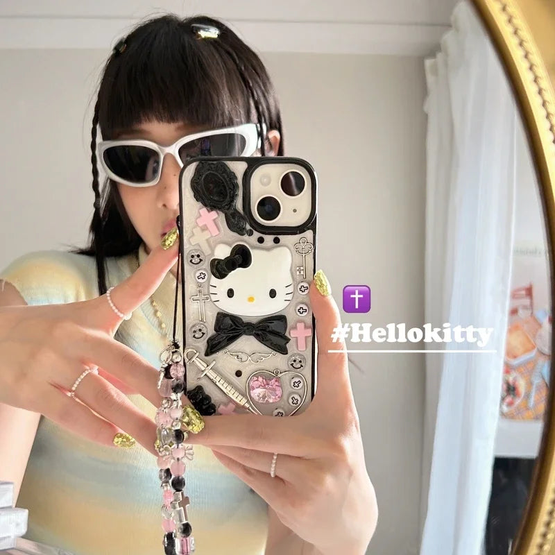 Hello Kitty Kawaii Cute 3D Y2K Transparent Phone Case With Lanyard