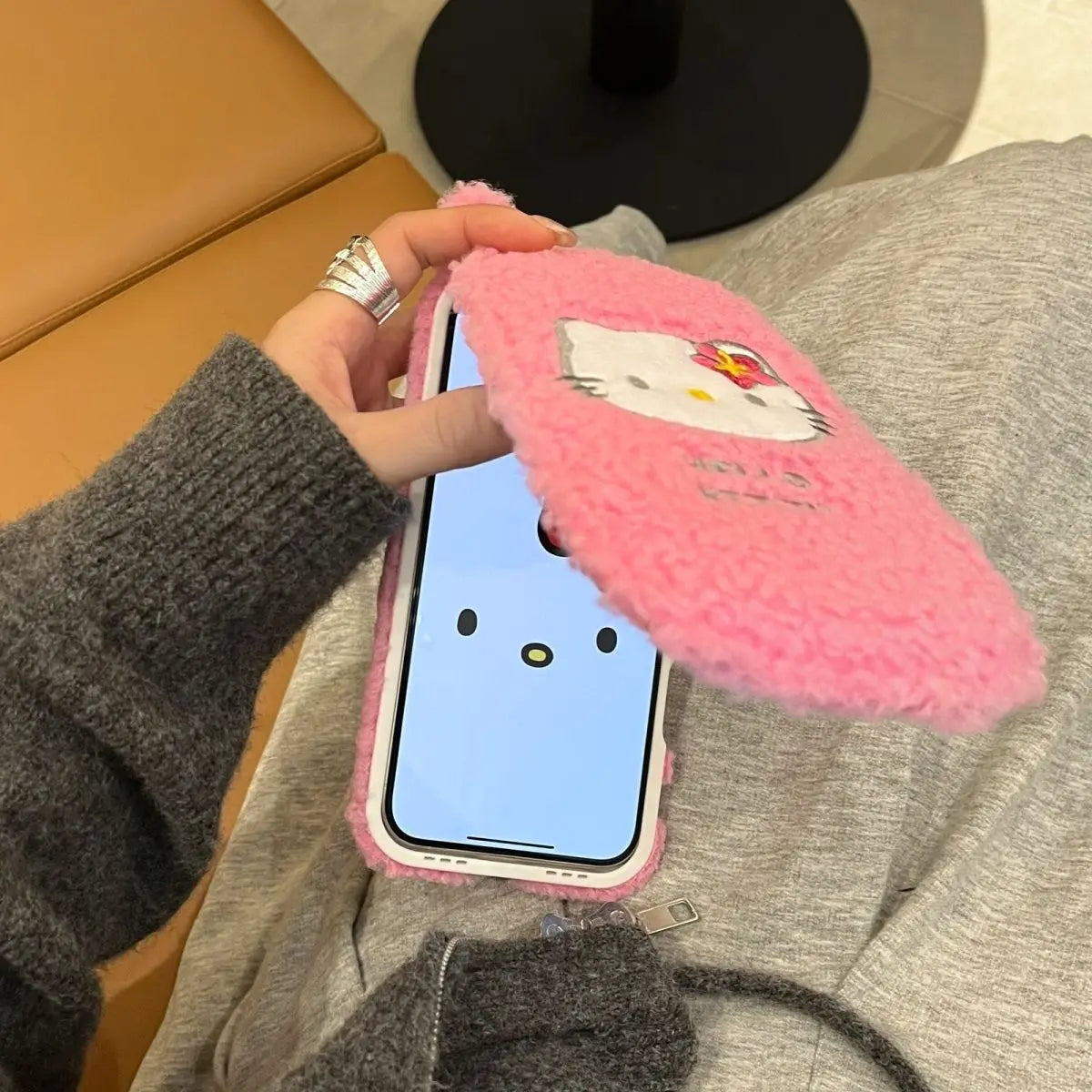 Hello Kitty Pink Plush Fuzzy Mirror Phone Case