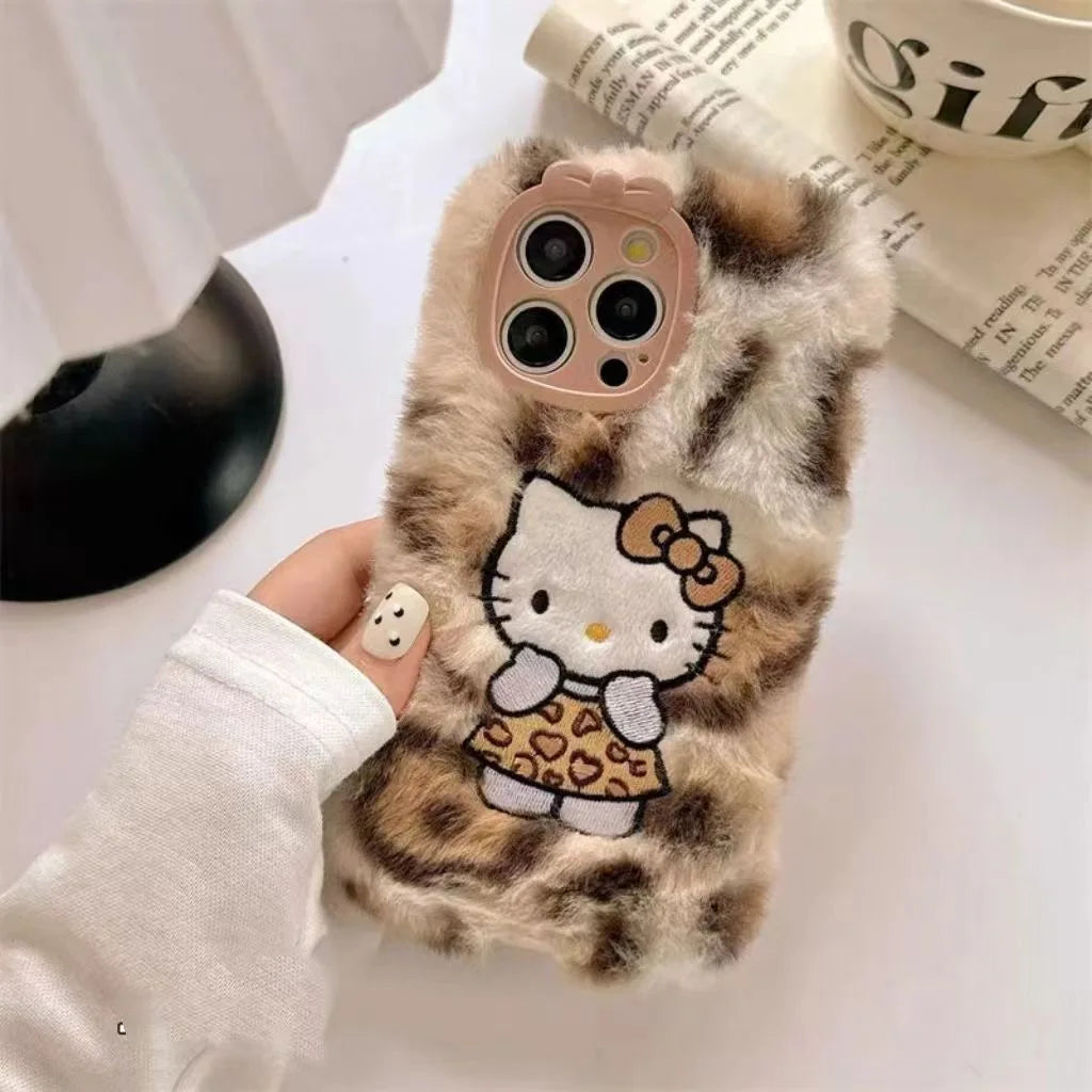 Hello Kitty Leopard Animal Print Fluffy Embroidered Plush Phone Case