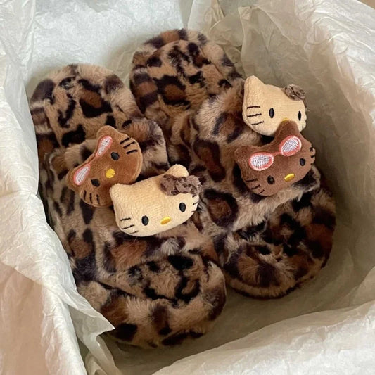 Hello Kitty Leopard Print Plush Slippers