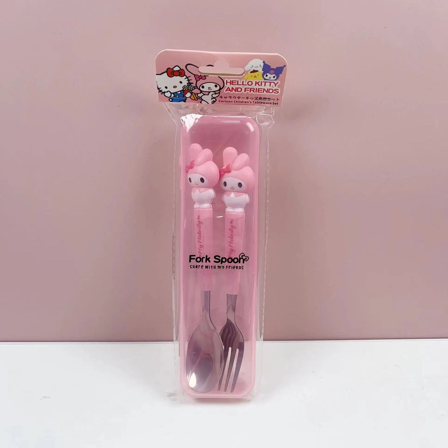 Sanrio Children Tableware Hello Kitty Melody Kuromi Silicone Handle Tableware Two-piece Set Cinnamoroll Fork Spoon Kids