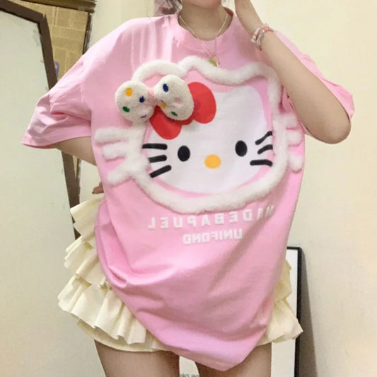 Hello Kitty Plush Bow Y2K T-Shirt Kawaii Fashion