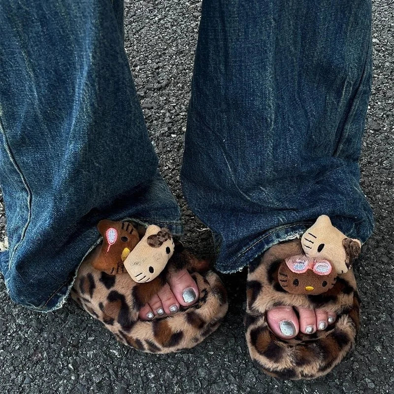 Hello Kitty Leopard Print Plush Slippers