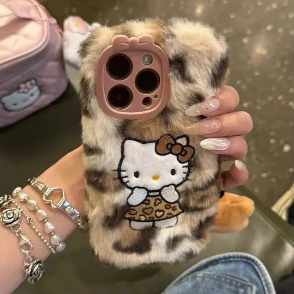 Hello Kitty Leopard Animal Print Fluffy Embroidered Plush Phone Case