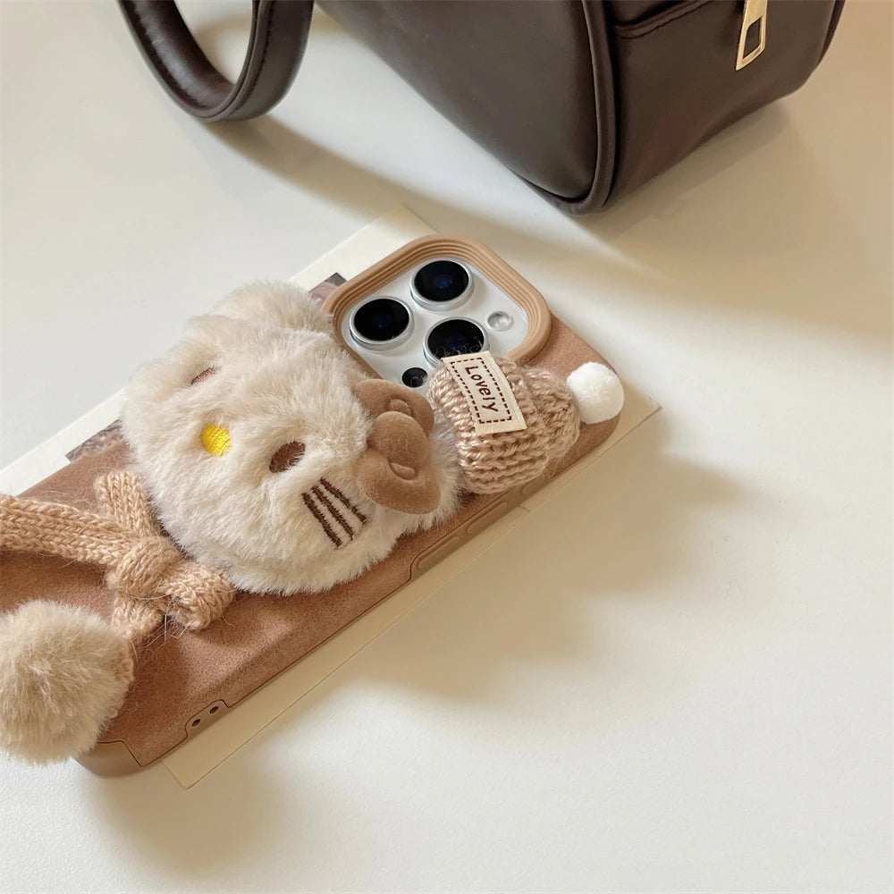 Hello Kitty Plush Fluffy Warm Brown Fur Lovely Scarf Phone Case