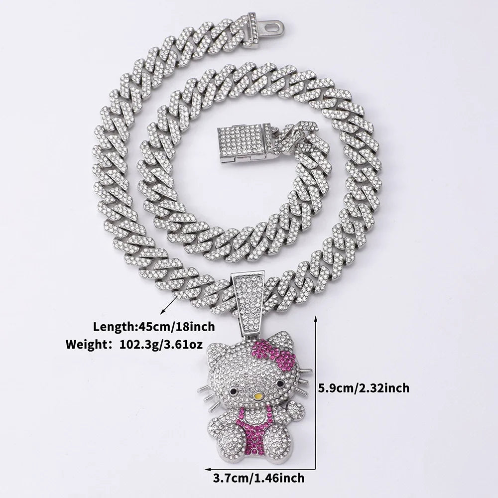 Kawaii Hello Kitty Rhinestone Diamond Pendant Necklace Cuban Chain