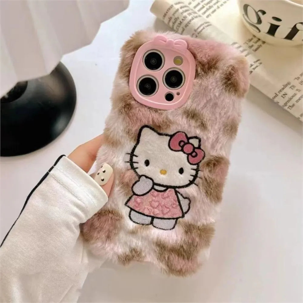 Hello Kitty Leopard Animal Print Fluffy Embroidered Plush Phone Case