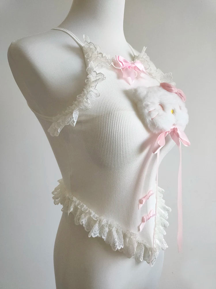 Hello Kitty Kawaii Bow Lace Trim Cute Crop Top