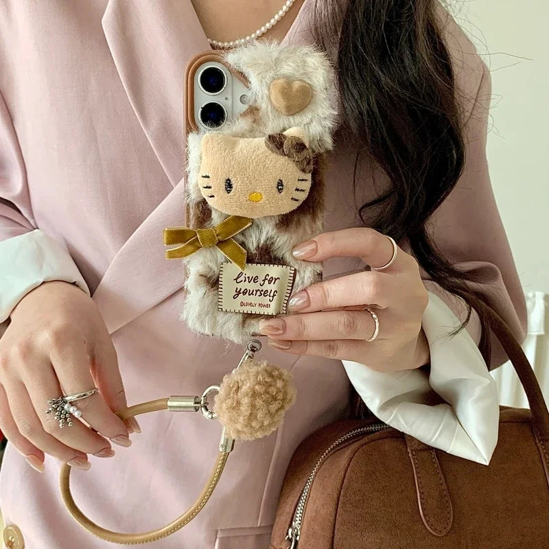 Hello Kitty Retro Leopard Print Winter Warm Furry Plush Phone Case