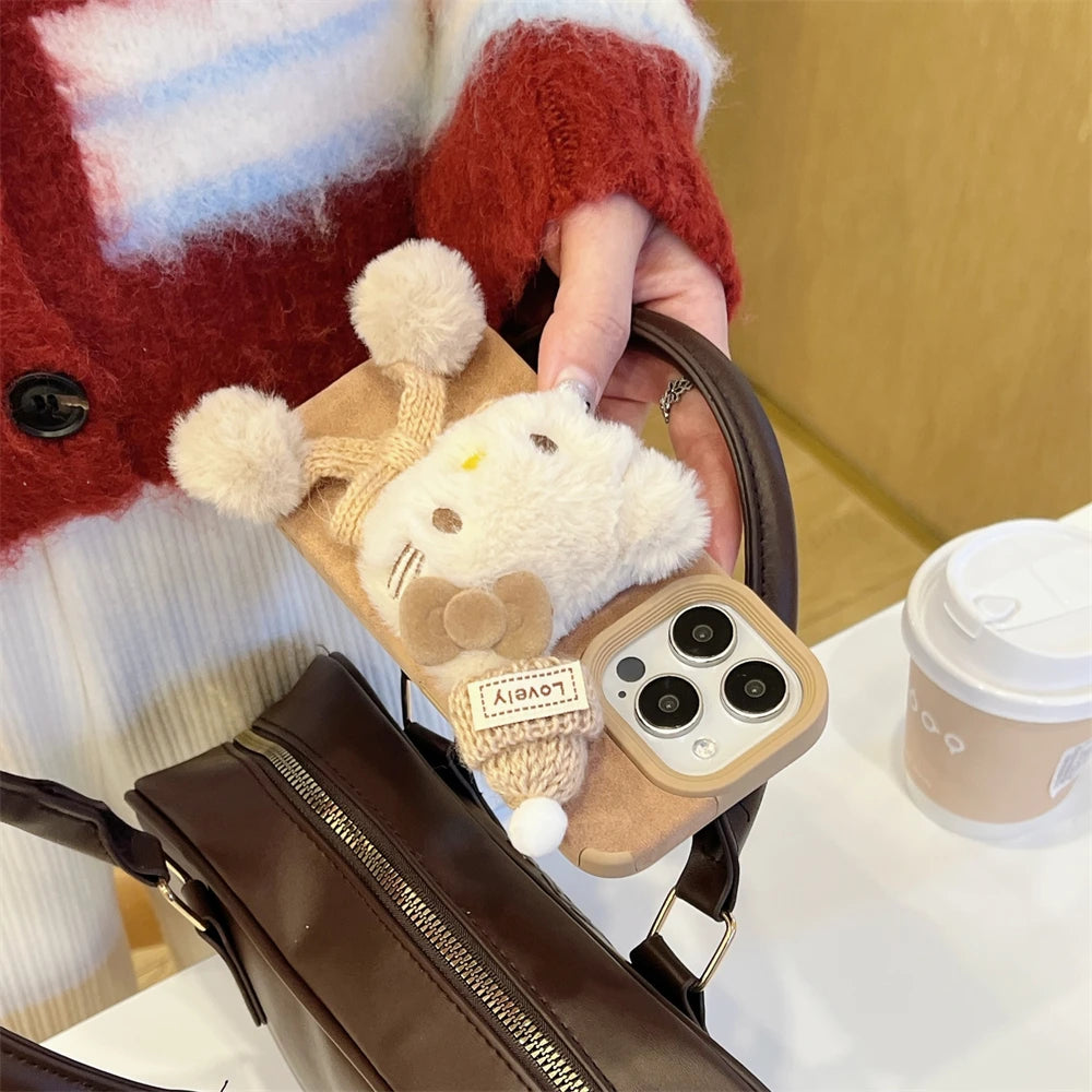 Hello Kitty Plush Fluffy Warm Brown Fur Lovely Scarf Phone Case