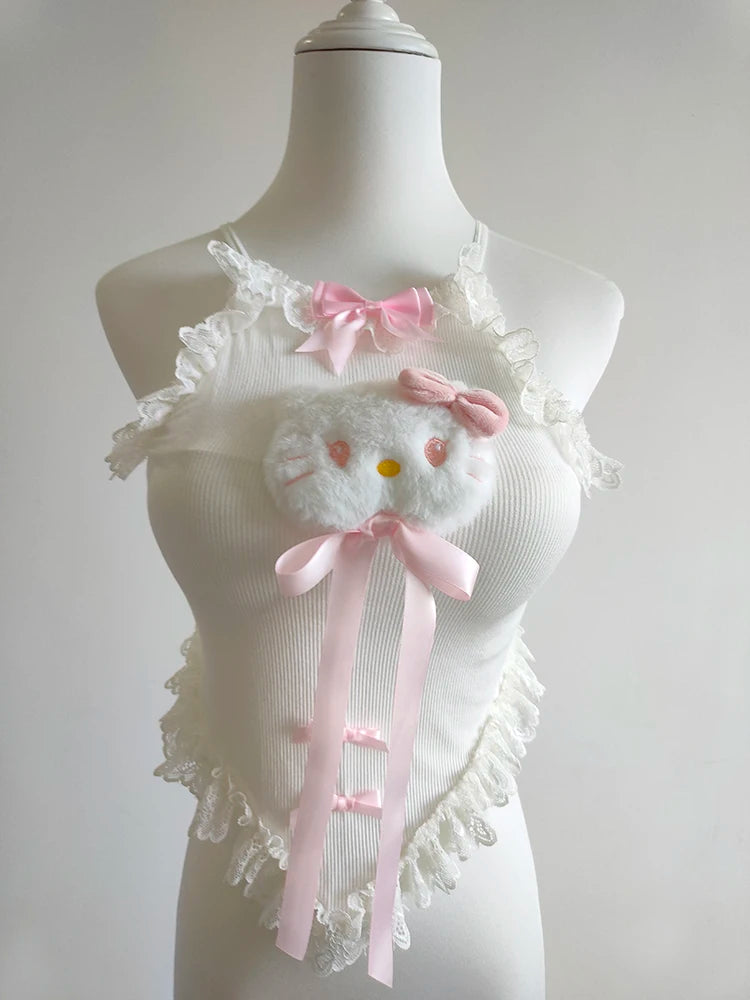 Hello Kitty Kawaii Bow Lace Trim Cute Crop Top