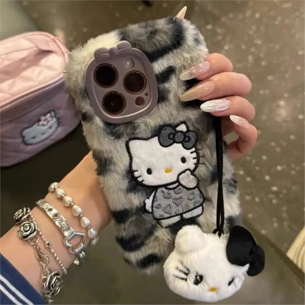 Hello Kitty Leopard Animal Print Fluffy Embroidered Plush Phone Case