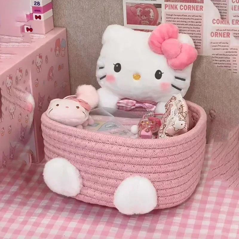 Hello Kitty 50th Anniversary Cute Accessories Handmade Cotton Rope Weaving Storage Basket