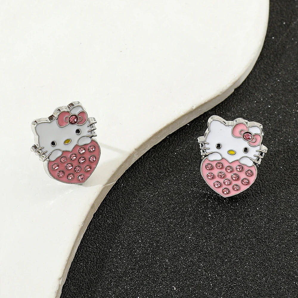 Hello Kitty Sweet Love Heart Rhinestones Earrings