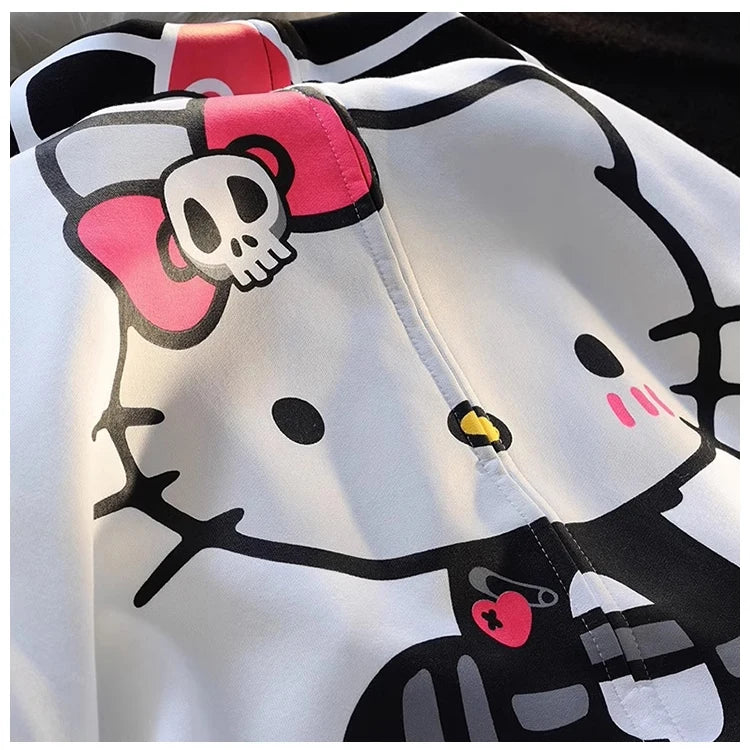 Hello Kitty Kawaii Sanrio Sweet Cool Devil Horns Skull Bow Jacket Hoodie