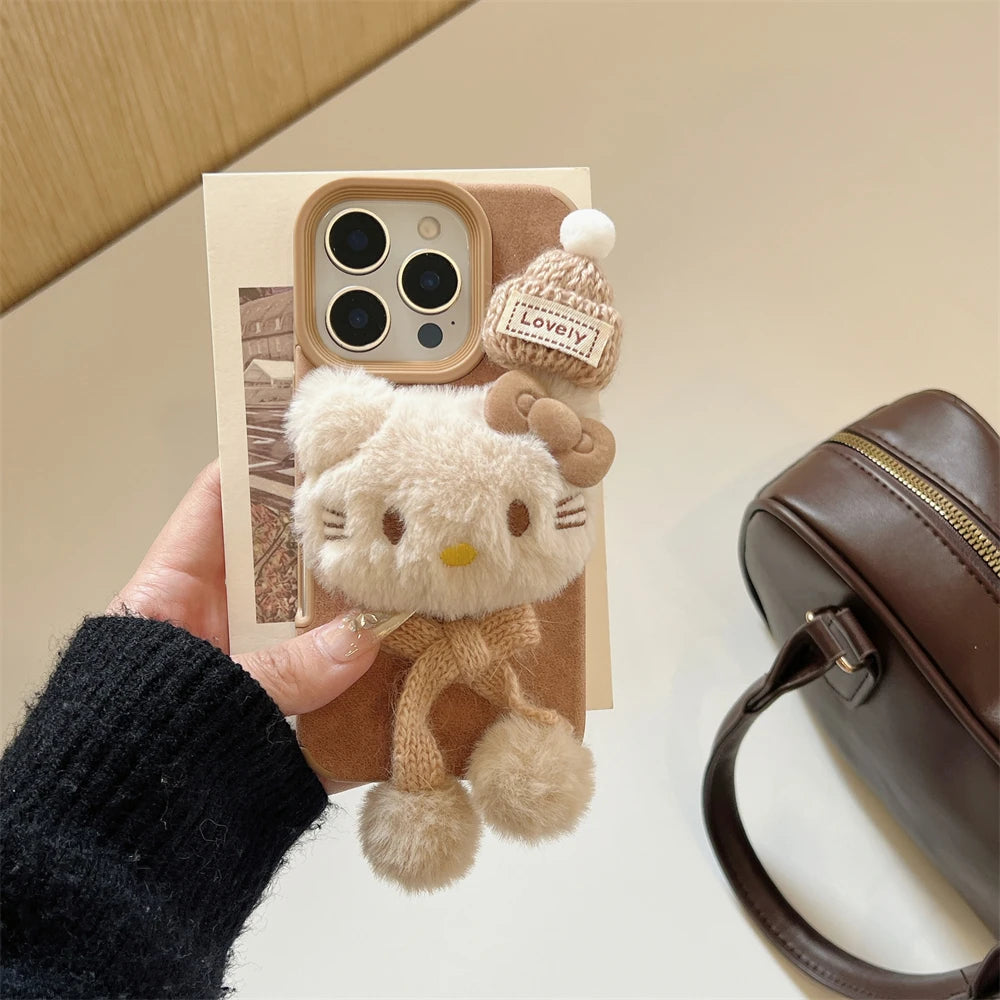 Hello Kitty Plush Fluffy Warm Brown Fur Lovely Scarf Phone Case