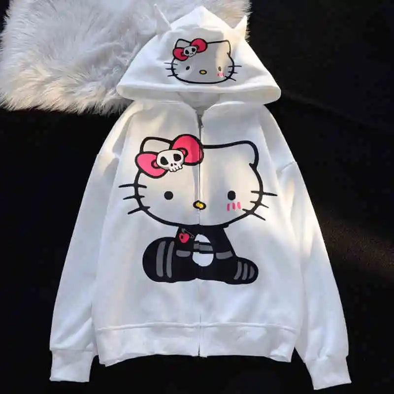 Hello Kitty Kawaii Sanrio Sweet Cool Devil Horns Skull Bow Jacket Hoodie