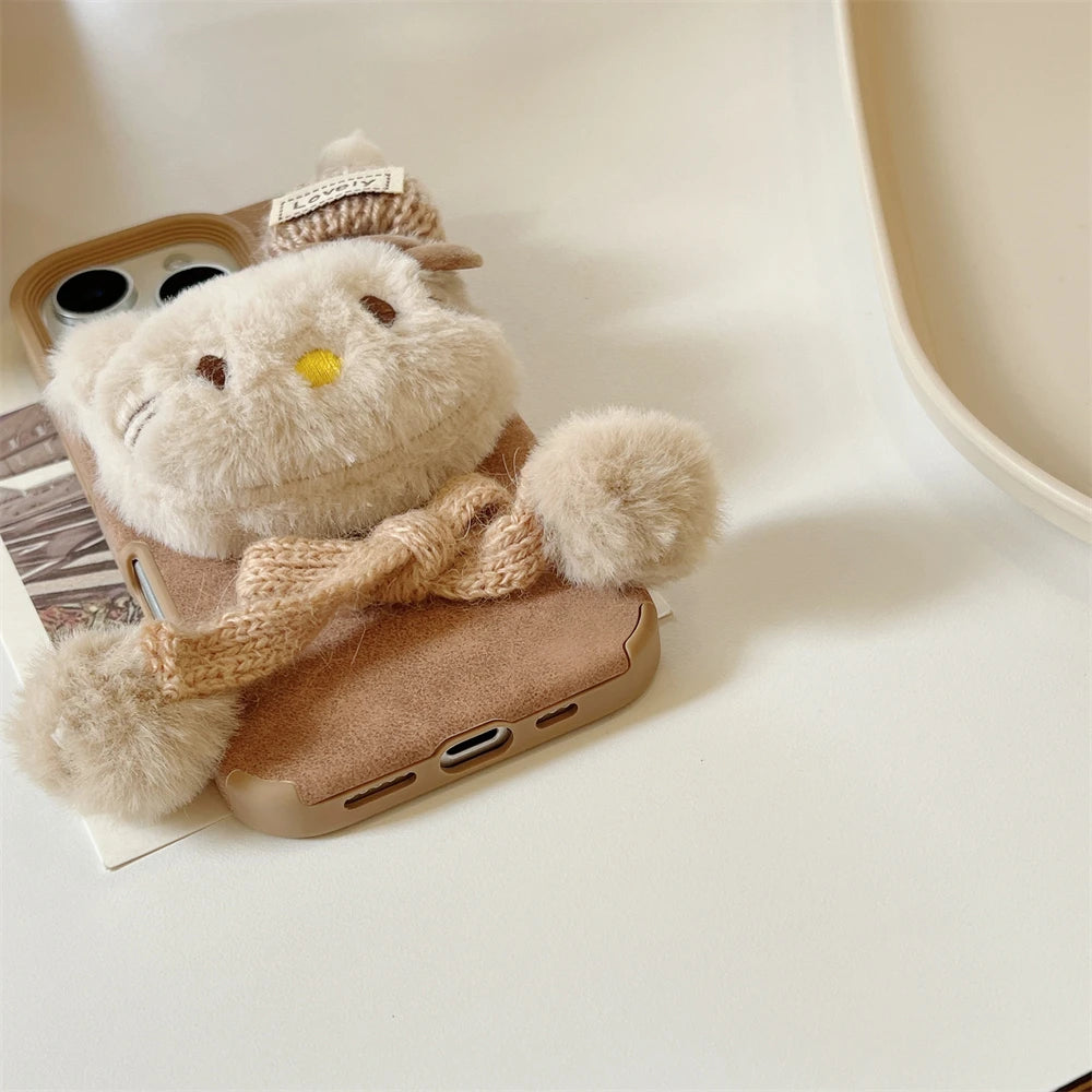 Hello Kitty Plush Fluffy Warm Brown Fur Lovely Scarf Phone Case