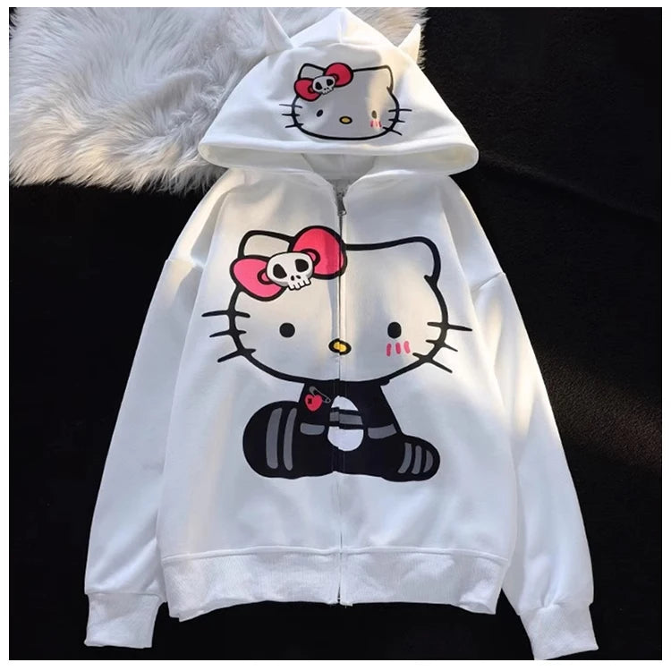 Hello Kitty Kawaii Sanrio Sweet Cool Devil Horns Skull Bow Jacket Hoodie