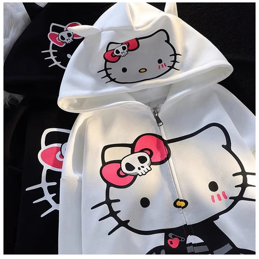 Hello Kitty Kawaii Sanrio Sweet Cool Devil Horns Skull Bow Jacket Hoodie