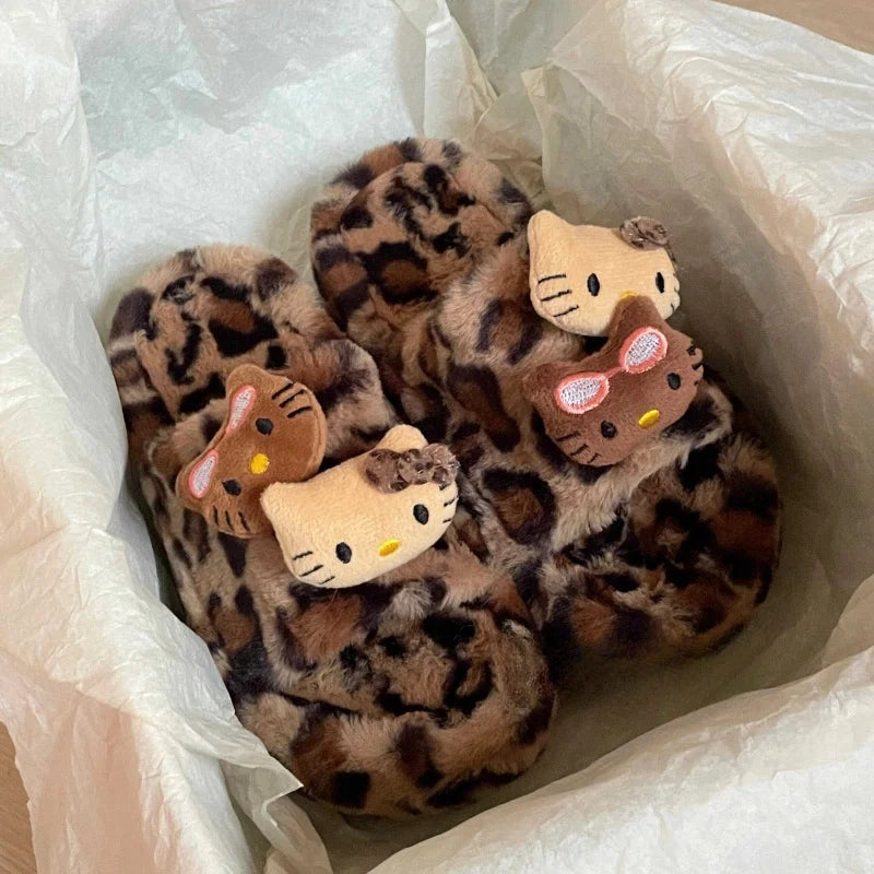 Hello Kitty Leopard Print Plush Slippers