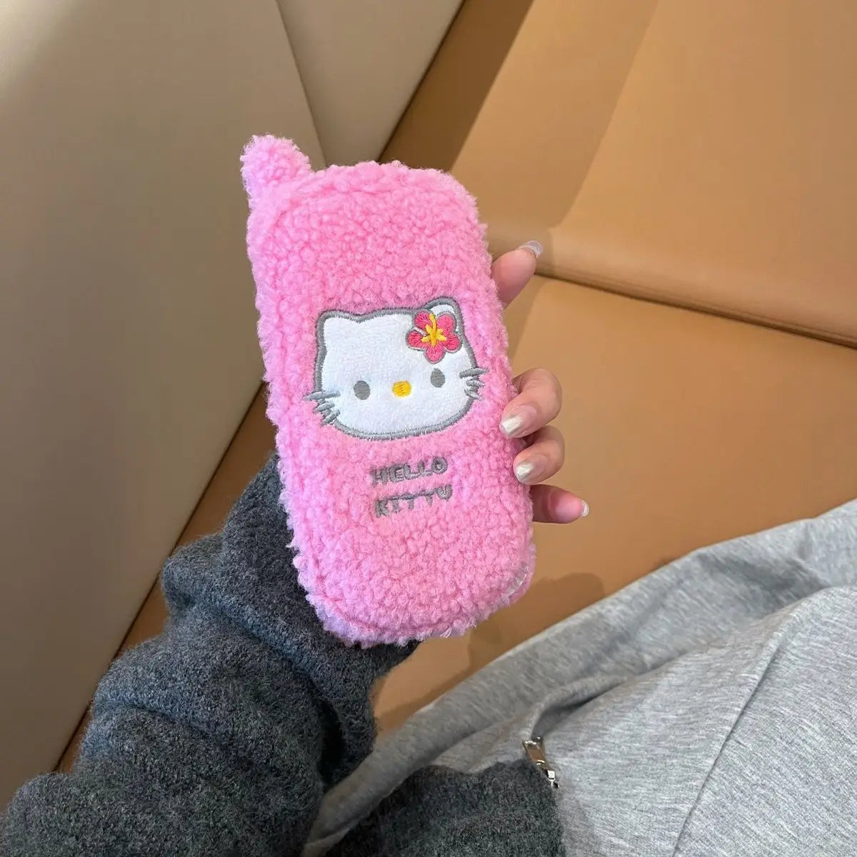 Hello Kitty Pink Plush Fuzzy Mirror Phone Case