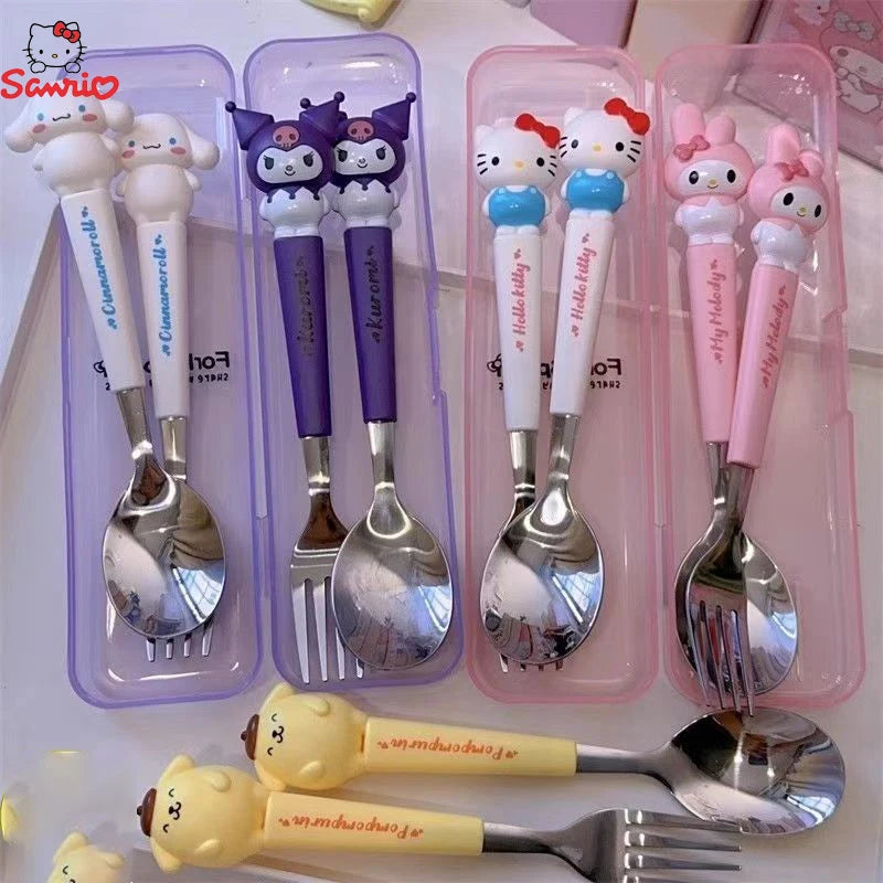 Sanrio Children Tableware Hello Kitty Melody Kuromi Silicone Handle Tableware Two-piece Set Cinnamoroll Fork Spoon Kids