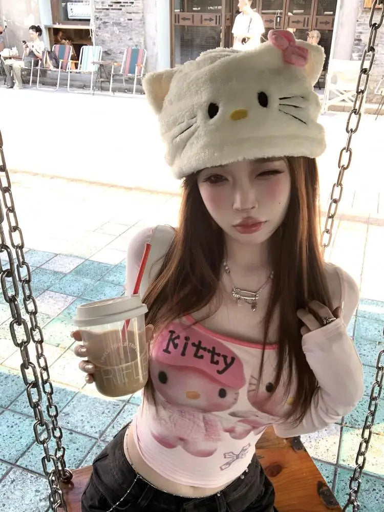 Hello Kitty Pink Graphic T Shirt Long Sleeve Y2k Kawaii Crop Top