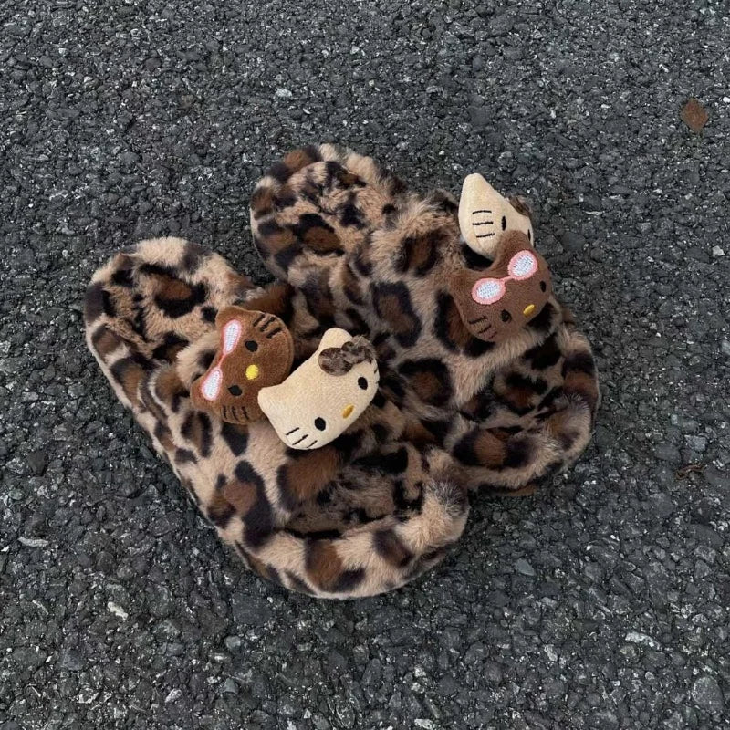 Hello Kitty Leopard Print Plush Slippers